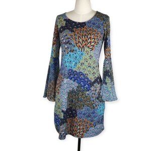 Prelude Cool-Tone Peacock & Paisley Print Scoop Neck Bell Sleeve Midi Dress XS